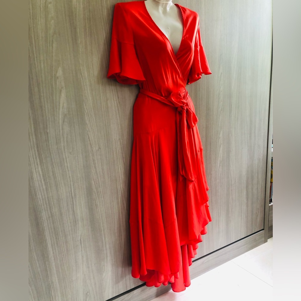 Maje Coral Wrap High-Low Midi Dress with Tie Waist. Size 1 ( S ) - Picture 7 of 12